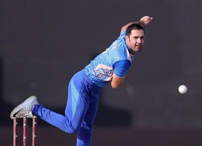 Sharjah, United Arab Emirates - October 18, 2018: Captain Mohammad Nabi of the Balkh Legends bowls during the game between Kandahar Knights and Balkh Legends in the Afghanistan Premier League. Thursday, October 18th, 2018 at Sharjah Cricket Stadium, Sharjah. Chris Whiteoak / The National