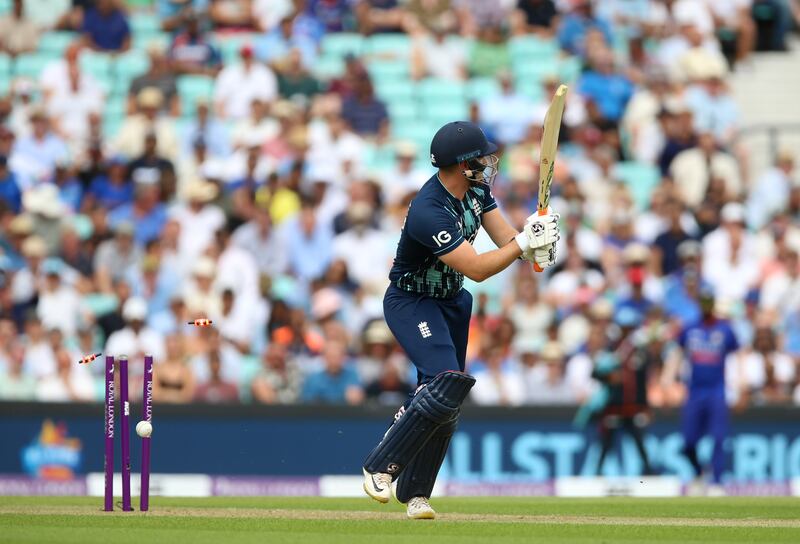 England's Liam Livingstone is bowled by Jasprit Bumrah. PA