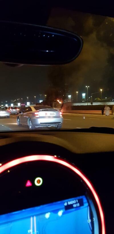 A lorry caught fire on a busy Abu Dhabi route on Tuesday evening.