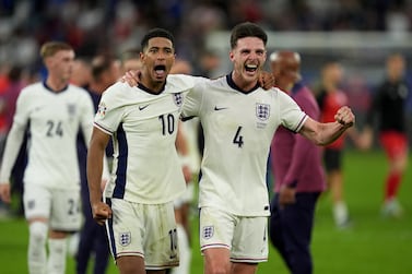 England's Jude Bellingham (left) and Declan Rice celebrate after the UEFA Euro 2024, round of 16 match at the Arena AufSchalke in Gelsenkirchen, Germany. Picture date: Sunday June 30, 2024. PA Photo. See PA Story SOCCER England. Photo credit should read: Martin Rickett/PA Wire.

RESTRICTIONS:  Use subject to FA restrictions. Editorial use only. Commercial use only with prior written consent of the FA. No editing except cropping.