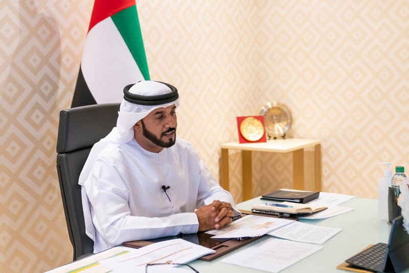 ABU DHABI, UNITED ARAB EMIRATES - March 29, 2020: HE Obaid Rashid AL Hassan Al Shamsi, Director General of the National Emergency and Crisis and Disasters Management Authority (NCEMA) (L), participates in a video conference briefing for HH Sheikh Mohamed bin Zayed Al Nahyan, Crown Prince of Abu Dhabi and Deputy Supreme Commander of the UAE Armed Forces (not shown), on the latest national efforts to combat Covid-19.

( Hamad Al Kaabi  / Ministry of Presidential Affairs )
---