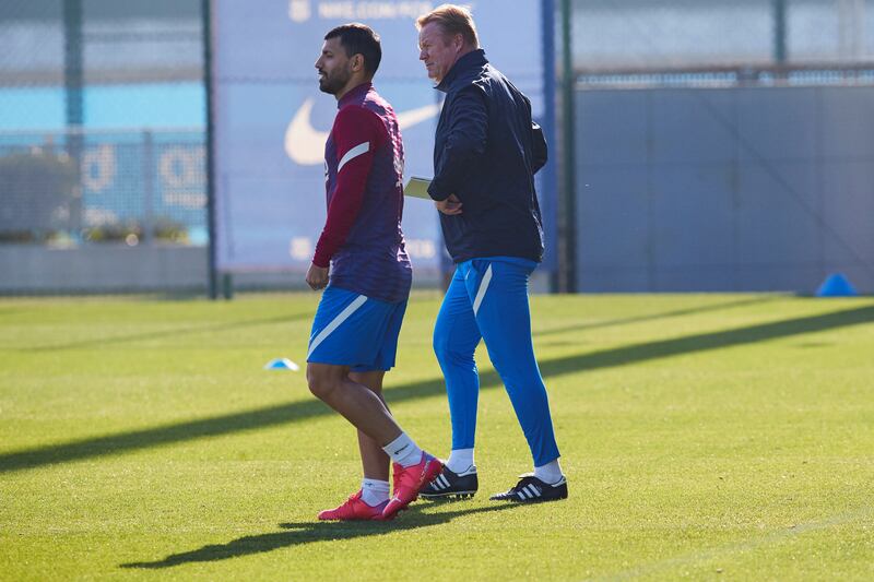 Barcelona manager Ronald Koemam with striker Sergio Aguero during training at the Joan Gamper Sports City ion Tuesday, October 26, ahead of their La Liga match against Rayo Vallecano. EPA