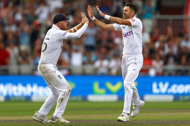 James Anderson celebrates with Ben Stokes after taking the wicket of Kagiso Rabada. Getty