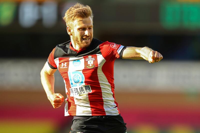 Stuart Armstrong celebrates after scoring his side's second goal during Southampton's victory over Norwich City in the Premier League match at Carrow Road on Friday, June 19. AP