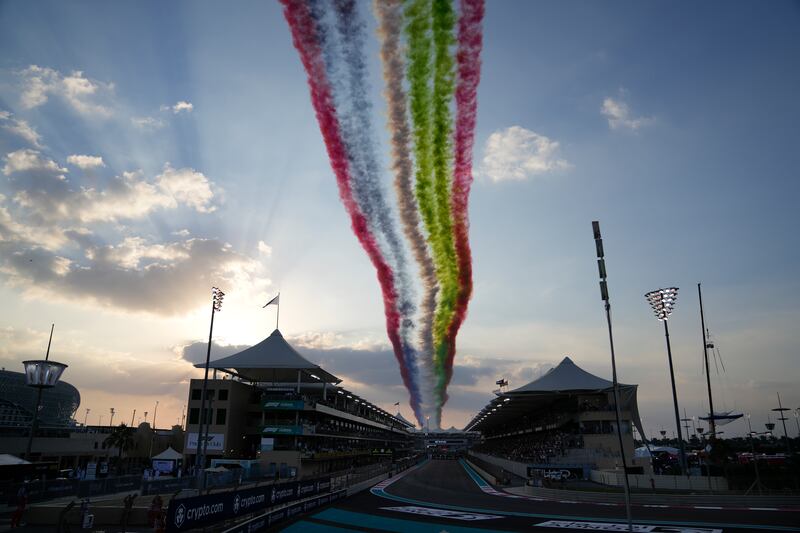 Aircraft fly over the track before the Formula One Abu Dhabi Grand Prix in Abu Dhabi, United Arab Emirates. AP Photo
