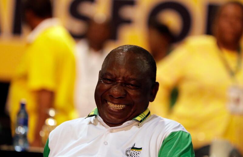 The newly elected African National Congress (ANC) President, Cyril Ramaphosa, reacts after it was announced that he had won the vote at the ANC's elective conference in Johannesburg, Monday Dec. 18, 2017. Outgoing President Jacob Zuma's second and final term as party leader has ended after a scandal-ridden tenure that has seen a plummet in the popularity of Nelson Mandela's liberation movement. (AP Photo/Themba Hadebe)