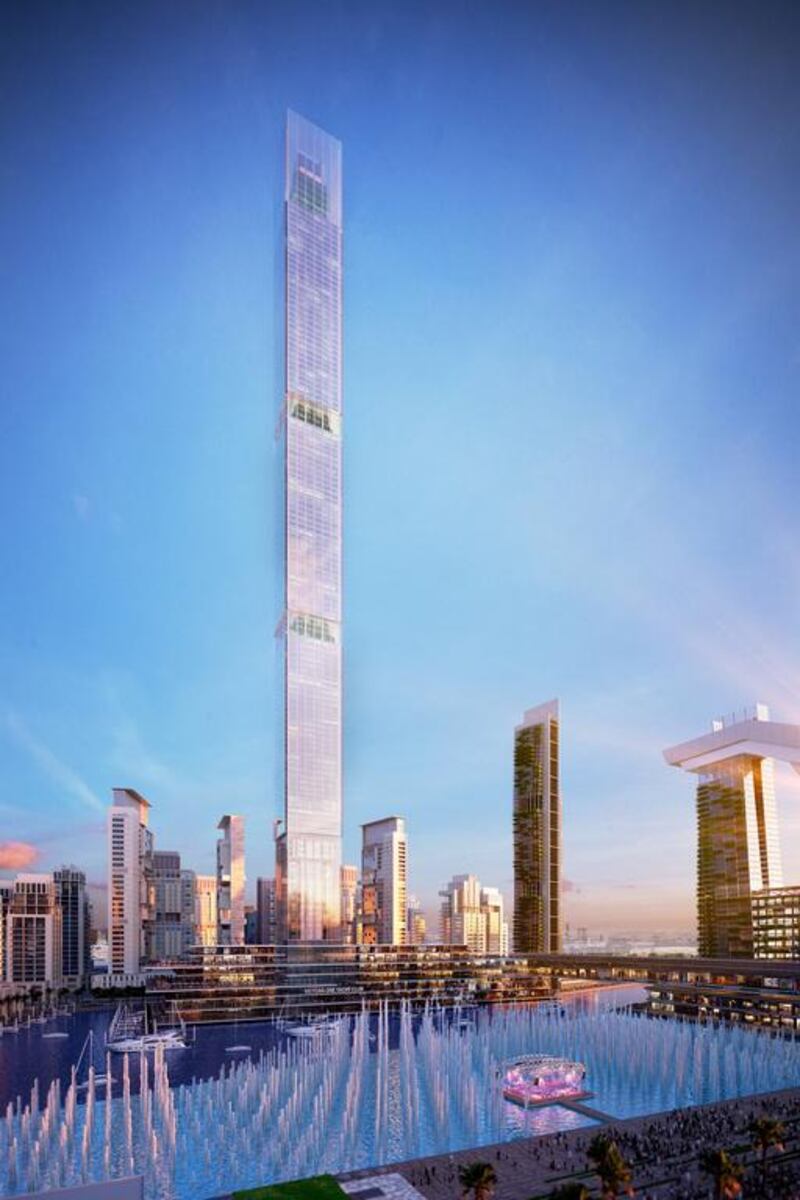 The Dubai One, which will have 885 residential apartments and a five-star hotel among others, will be world’s tallest residential tower when built. Above, a rendering of the tower. Courtesy The Meydan City Corporation