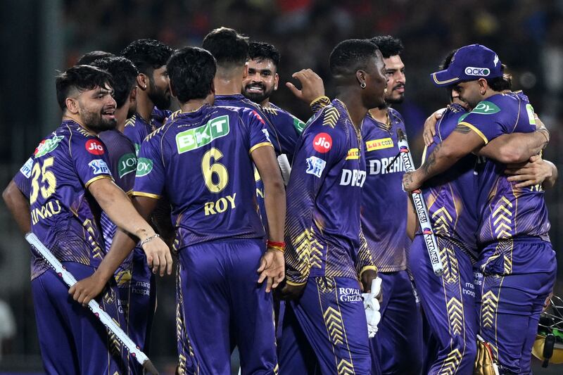 Kolkata Knight Riders' players celebrate their victory at the end of the Indian Premier League (IPL) Twenty20 final cricket match between Sunrisers Hyderabad and Kolkata Knight Riders at the MA Chidambaram Stadium in Chennai on May 26, 2024.  (Photo by R. Satish BABU  /  AFP)  /  -- IMAGE RESTRICTED TO EDITORIAL USE - STRICTLY NO COMMERCIAL USE --