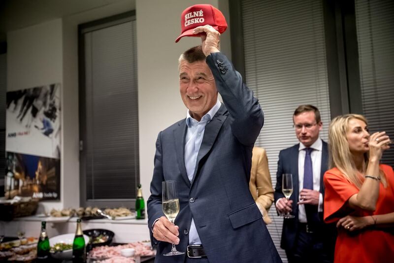 Andrej Babis, the Czech Republic's Prime Minister and leader of the ANO ('Yes') movement, wears an election cap with slogan: 'Strong Czechia' as he reacts at the party headquarters in Prague, Czech Republic. EPA