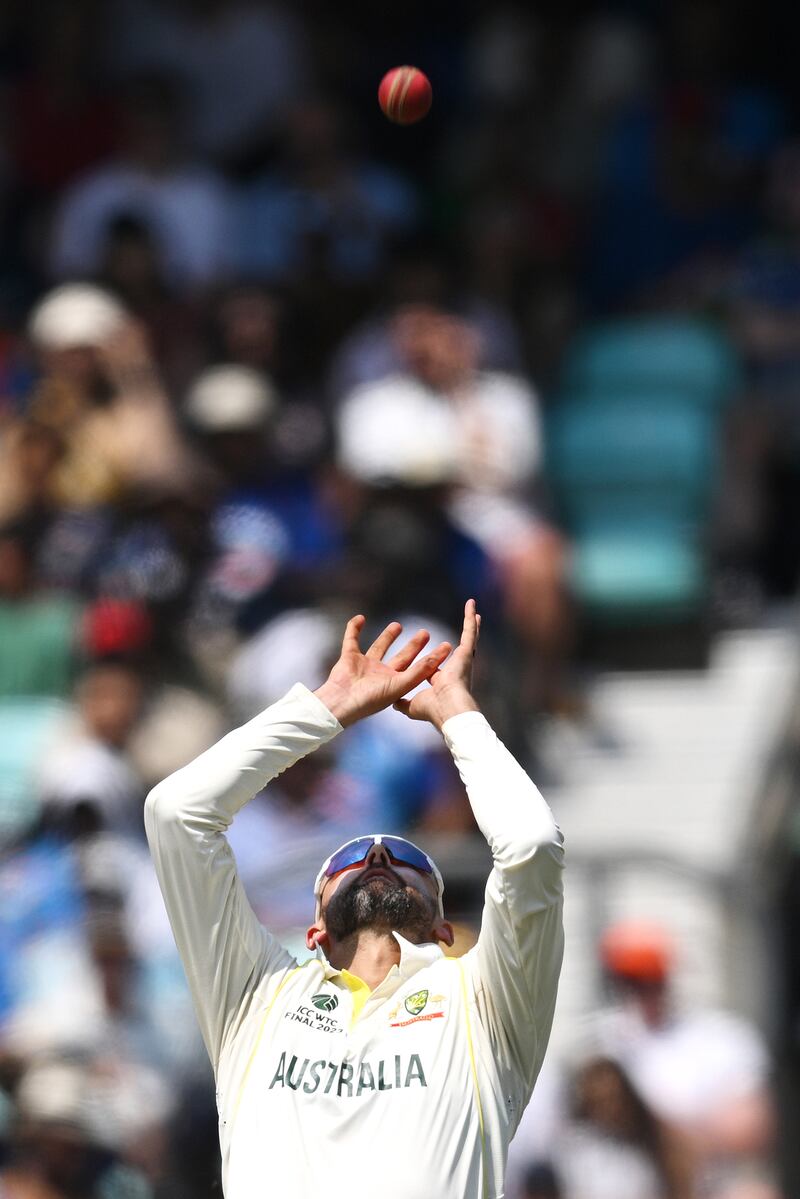 Australia's Nathan Lyon takes the catch to claim the wicket of India batter KS Bharat for 23. Getty