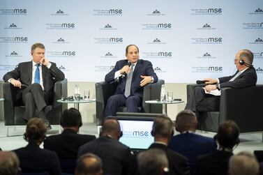 Egyptian President Abdel Fatah El Sisi on a panel with the President of Romania Klaus Iohannis and the Chairman of the Munich Security Conference Wolfgang Ischinger at the Munich Security Conference. HO via EPA