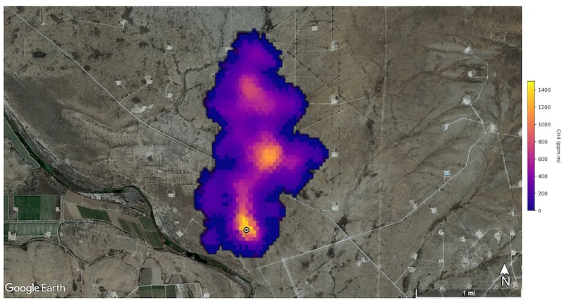 A satellite image shows a methane plume three kilometres long detected south-east of Carlsbad, New Mexico. Nasa scientists, using a tool designed to study how dust affects climate, have identified more than 50 sites around the world emitting high levels of methane, a potent greenhouse gas, the US space agency said. AFP
