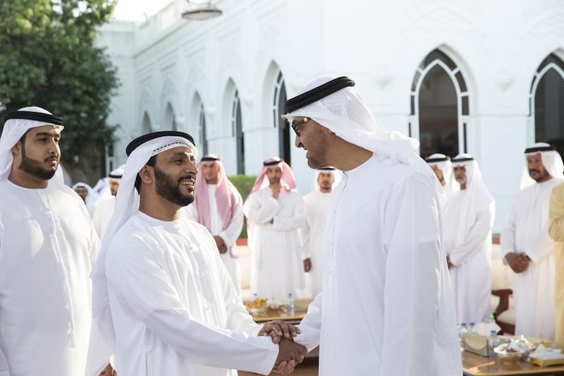 Sheikh Mohammed bin Zayed, Crown Prince of Abu Dhabi and Deputy Supreme Commander of the Armed Forces, greets an Armed Forces servicemen injured while serving the armed forces in Yemen. Seen during a Sea Palace barza. Ryan Carter / Crown Prince Court - Abu Dhabi