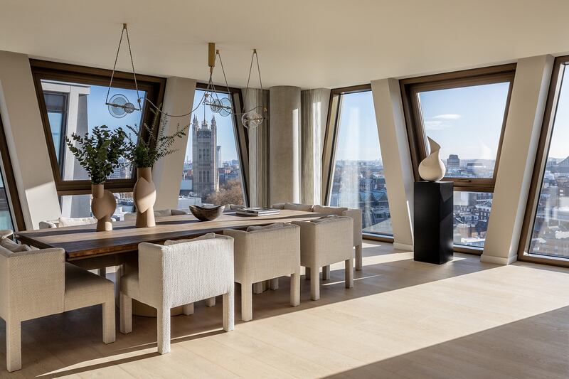 Stunning views of London from a dining room.