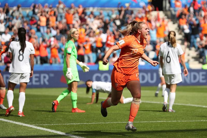 Netherlands' Jill Roord celebrates after scoring the opening goal during the Women's World Cup Group E soccer match between New Zealand and the Netherlands in Le Havre, France, Tuesday, June 11, 2019. (AP Photo/Francisco Seco)