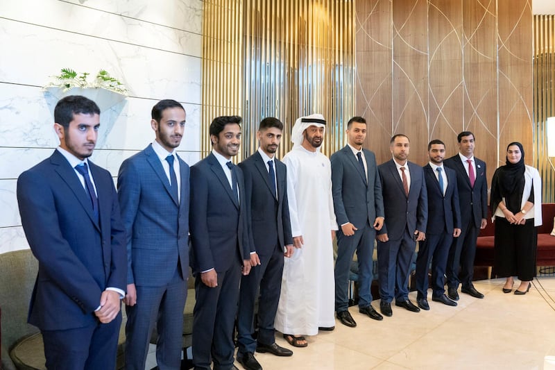 ASTANA, KAZAKHSTAN - July 05, 2018: HH Sheikh Mohamed bin Zayed Al Nahyan, Crown Prince of Abu Dhabi and Deputy Supreme Commander of the UAE Armed Forces (5th L) stands for a photograph with UAE students who are studying in Kazakhstan.

Mohamed Al Hammadi / Crown Prince Court - Abu Dhabi