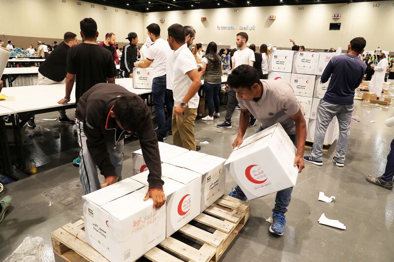 Boxes are packed at Dubai Exhibition Centre at Expo City