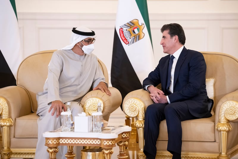 Nechirvan Barzani, president of the Iraqi Kurdistan Region, right, offers condolences to the President, Sheikh Mohamed.