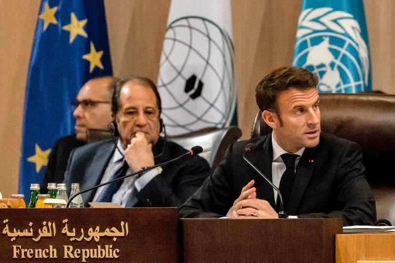 French President Emmanuel Macron at the Baghdad Conference for Co-operation and Partnership in Jordan. He wants a similar gathering for Lebanon. Reuters