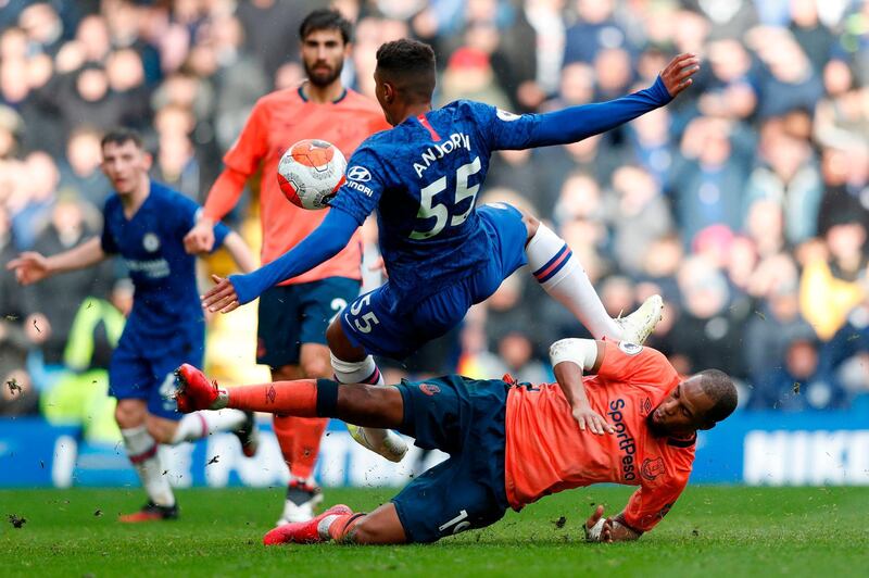 Everton's Djibril Sidibe tackles Tino Anjorin of Chelsea. AFP