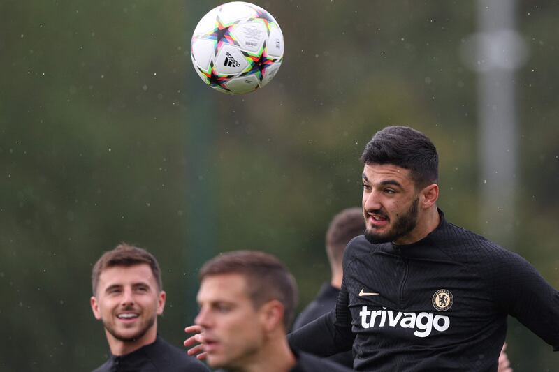 Chelsea forward Armando Broja heads the ball at training. AFP