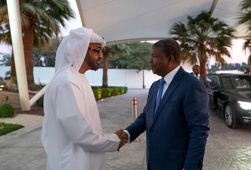 ABU DHABI, UNITED ARAB EMIRATES - January 13, 2019: HH Sheikh Mohamed bin Zayed Al Nahyan, Crown Prince of Abu Dhabi and Deputy Supreme Commander of the UAE Armed Forces (L), receives HE Joao Manuel Lourenco, President of Angola (R), at Al Shati Palace.
( Mohamed Al Hammadi / Ministry of Presidential Affairs )
---