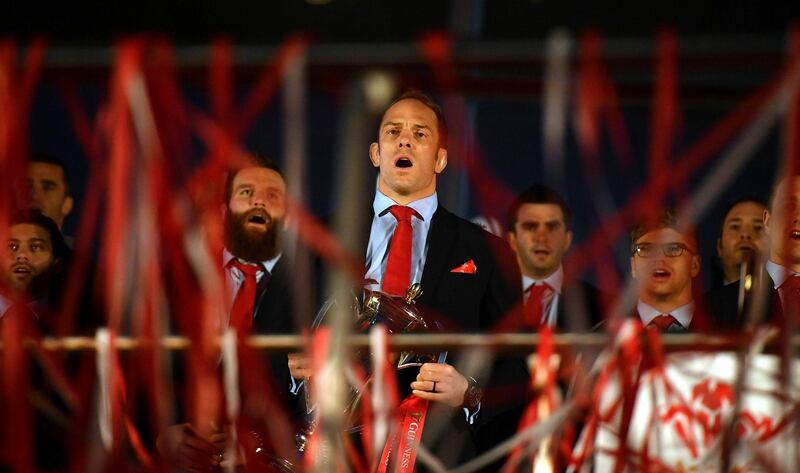 Wales captain Alun Wyn Jones, centre, sings the national anthem during a ceremony marking the champions return home, after winning the 2019 Six Nations Grand Slam, in Cardiff, Wales, Monday March 18, 2019. Wales beat Ireland Saturday to take the Six Nations title. (Simon Galloway/PA via AP)