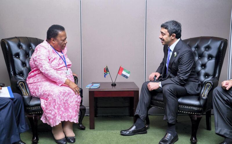 Sheikh Abdullah bin Zayed, Minister of Foreign Affairs and International Cooperation meeting with Naledi Pandor, Minister of Science and Technology, South Africa on the sidelines of the 74th session of the UN General Assembly, WAM 