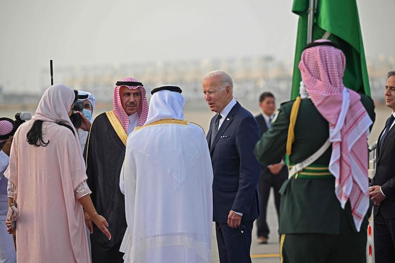 US President Joe Biden is welcomed by Saudi Arabian officials. AFP
