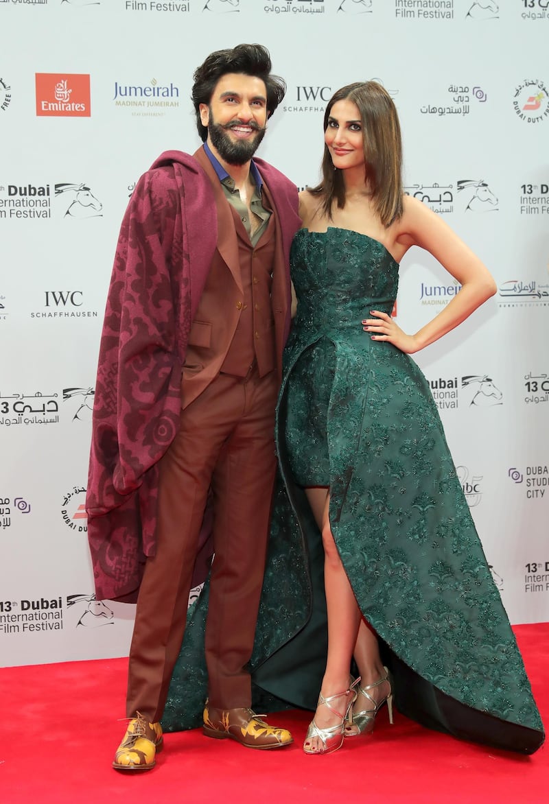 DUBAI, UNITED ARAB EMIRATES - DECEMBER 07:  Ranveer Singh and Vaani Kapoor attends the Opening Night Gala during day one of the 13th annual Dubai International Film Festival held at the Madinat Jumeriah Complex on December 7, 2016 in Dubai, United Arab Emirates.  (Photo by Neilson Barnard/Getty Images for DIFF)