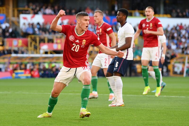 Roland Sallai celebrates after scoring Hungary's first. Getty