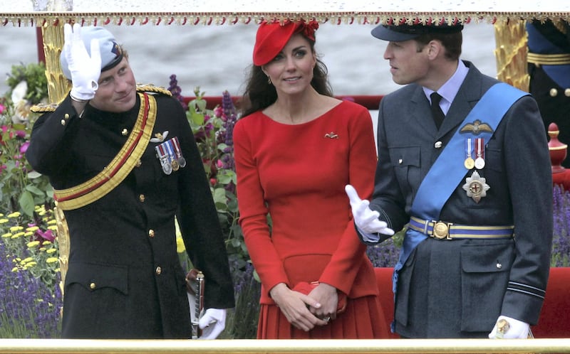 LONDON, ENGLAND - JUNE 03:  Prince Harry, Catherine, Duchess of Cambridge and Prince William, Duke of Cambridge wave from the royal barge 'Spirit of Chartwell' during the Diamond Jubilee Thames River Pageant and on June 3, 2012 in London, England. For only the second time in its history the UK celebrates the Diamond Jubilee of a monarch. Her Majesty Queen Elizabeth II celebrates the 60th anniversary of her ascension to the throne. Thousands of well-wishers from around the world have flocked to London to witness the spectacle of the weekend‚Äôs celebrations. The Queen along with all members of the royal family will participate in a River Pageant with a flotilla of a 1,000 boats accompanying them down The Thames, the star studded free concert at Buckingham Palace, and a carriage procession and a service of thanksgiving at St Paul‚Äôs Cathedral.  (Photo by Matt Cardy/Getty Images)