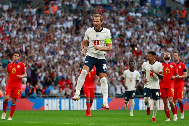 England's Harry Kane celebrates after scoring his side's second goal. AP