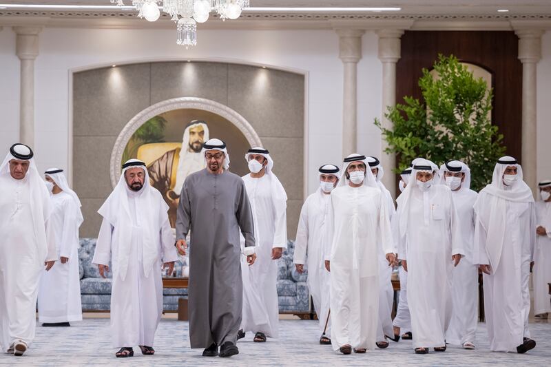 President Sheikh Mohamed bin Zayed received condolences after the death of Sheikh Khalifa on Friday. Among the visitors to Abu Dhabi were Sheikh Hamad bin Mohammed Al Sharqi, Ruler of Fujairah; Sheikh Dr Sultan bin Muhammad Al Qasimi, Ruler of Sharjah; Sheikh Mohammed bin Rashid, Vice-President, Ruler of Dubai and Minister of Defence, and Sheikh Humaid bin Rashid Al Nuaimi, Ruler of Ajman. All photos: Ministry of Presidential Affairs