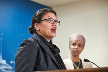 Rashida Tlaib and Ilhan Omar hold a news conference in St Paul, Minnesota. Getty Images