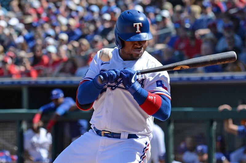 Texas Rangers left fielder Willie Calhoun suffers a broken jaw after being hit in the face by a pitch against the Los Angeles Dodgers during the first innings of a spring training game at Surprise Stadium in Arizona. USA TODAY Sports