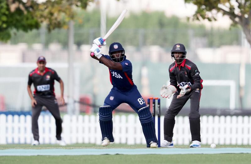 DUBAI, UNITED ARAB EMIRATES , Dec 12– 2019 :- Aaron Jones of USA playing a shot during the World Cup League 2 cricket match between UAE vs USA held at ICC academy in Dubai. ( Pawan Singh / The National )  For Sports. Story by Paul