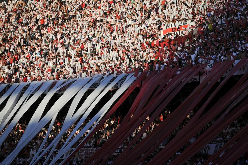 River Plate fans pack out El Monumental Stadium before kick-off before the match was postponed due to riots on the streets. Getty Images