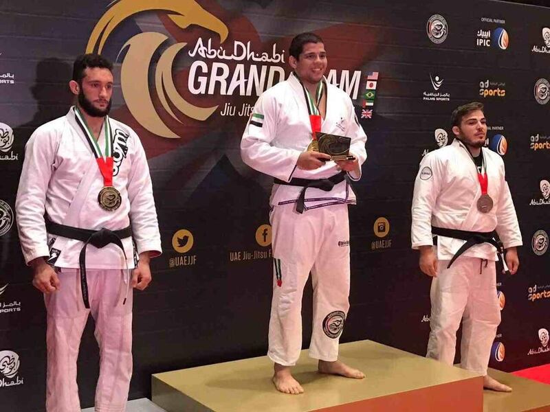 Jose Junior, centre, won the gold medal in the black belt 110-kilogramme weight division at the Abu Dhabi Grand Slam at London’s ExCel Arena. Courtesy UAE Jiu-Jitsu Federation