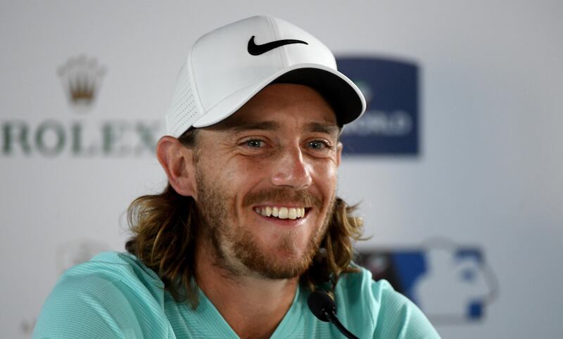 DUBAI, UNITED ARAB EMIRATES - NOVEMBER 15:  Tommy Fleetwood of England talking to the press during a practice round prior to the DP World Tour Championship at Jumeirah Golf Estates on November 15, 2017 in Dubai, United Arab Emirates.  (Photo by Ross Kinnaird/Getty Images)