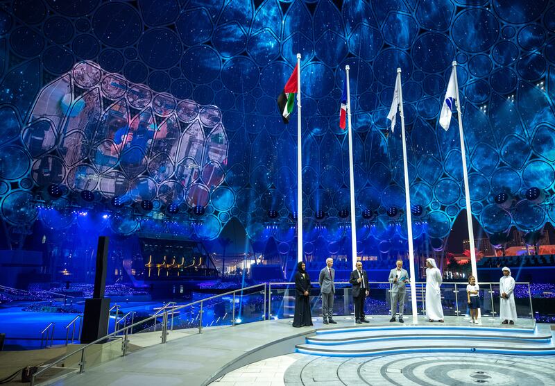 France National Day: French astronaut,Thomas Pesquet speaks to UAE and French representatives on a live feed from space to the Al Wasl Plaza. Victor Besa/The National.