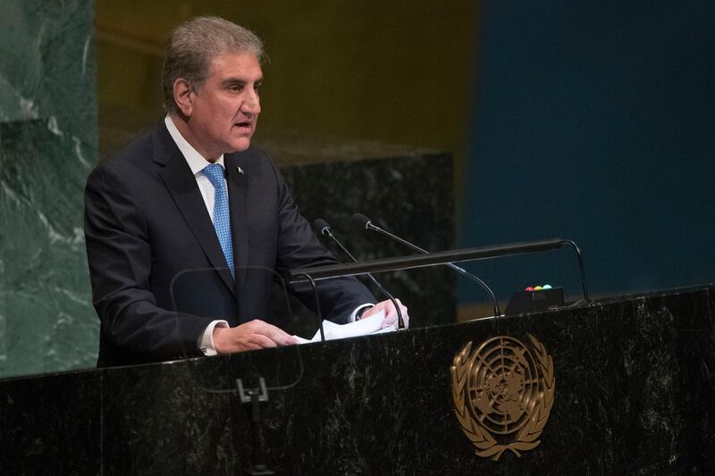 Pakistan's Foreign Minister Makhdoom Shah Mahmood Qureshi addresses the United Nations General Assembly. AP Photo
