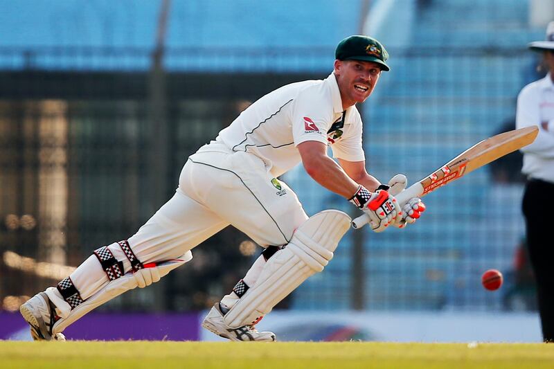 Australia's David Warner plays a shot during the second day of their second test cricket match against Bangladesh in Chittagong, Bangladesh, Tuesday, Sept. 5, 2017. (AP Photo/A.M. Ahad)