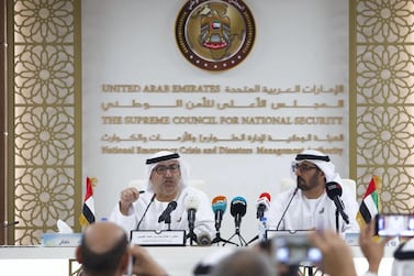 Abdulrahman Al Owais, Minister of Health and Prevention, with Hussain Al Hammadi, Minister of Education, at the briefing on coronavirus at the National Emergency Crisis and Disaster Management Authority. Leslie Pableo for The National