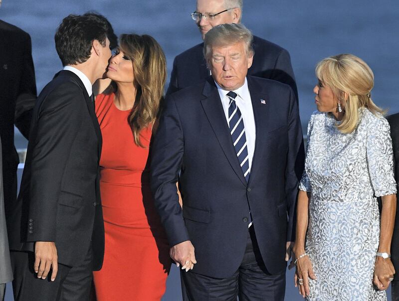 Boris Johnson attends the G7- Day Two. Canada Prime Minister Justin Trudeau Melania Trump, US President Donald Trump and Brigitte Macron and French President Emmanuel Macron join other World Leaders for the family photo at the G7 Summit in Biarritz, France. Issue date: Sunday August 25, 2019. See PA story POLITICS G7. Photo credit should read: Andrew Parsons/PA Wire URN:44848345 (Press Association via AP Images)