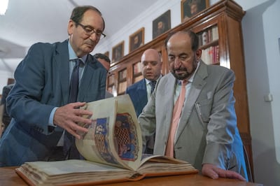 Sheikh Dr Sultan inspected a range of historic manuscripts at El Escorial Library. Courtesy: Sharjah Media Office