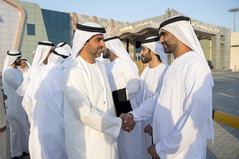 Sheikh Hamed bin Zayed, Chairman of the Crown Prince Court of Abu Dhabi and Abu Dhabi Executive Council Member (L) attends the wedding reception of Hamad Rashed Al Shehhi (not shown) and Ali Rashed Al Shehhi (not shown), in Ras Al Khaimah. Rashed Al Mansoori / Crown Prince Court — Abu Dhabi