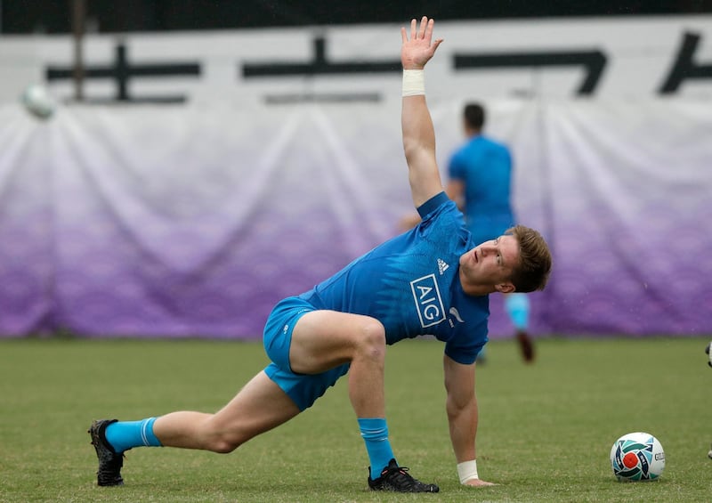 New Zealand's Jordie Barrett stretches during training. AP