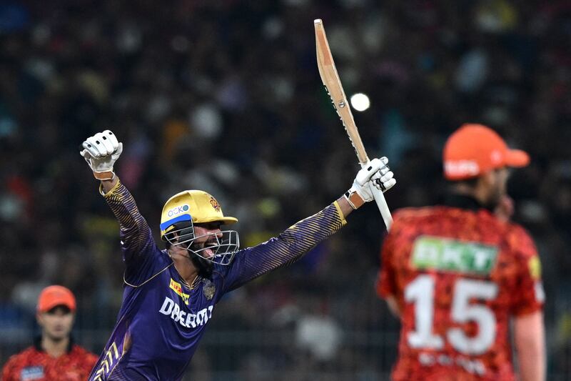 Kolkata Knight Riders' Venkatesh Iyer celebrates his team's eight-wicket victory in the Indian Premier League final against Sunrisers Hyderabad at the MA Chidambaram Stadium in Chennai on May 26, 2024. AFP