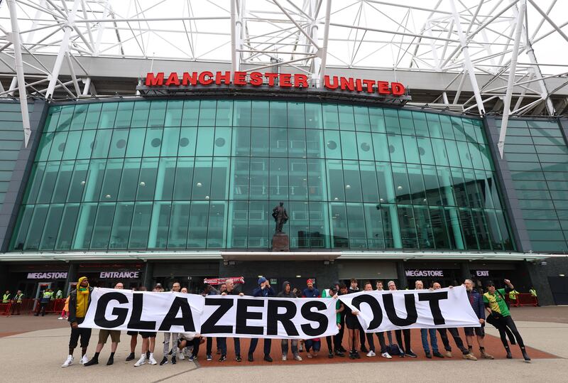Manchester United fans protest against club owners the Glazer family at Old Trafford on June 27, 2023. Reuters